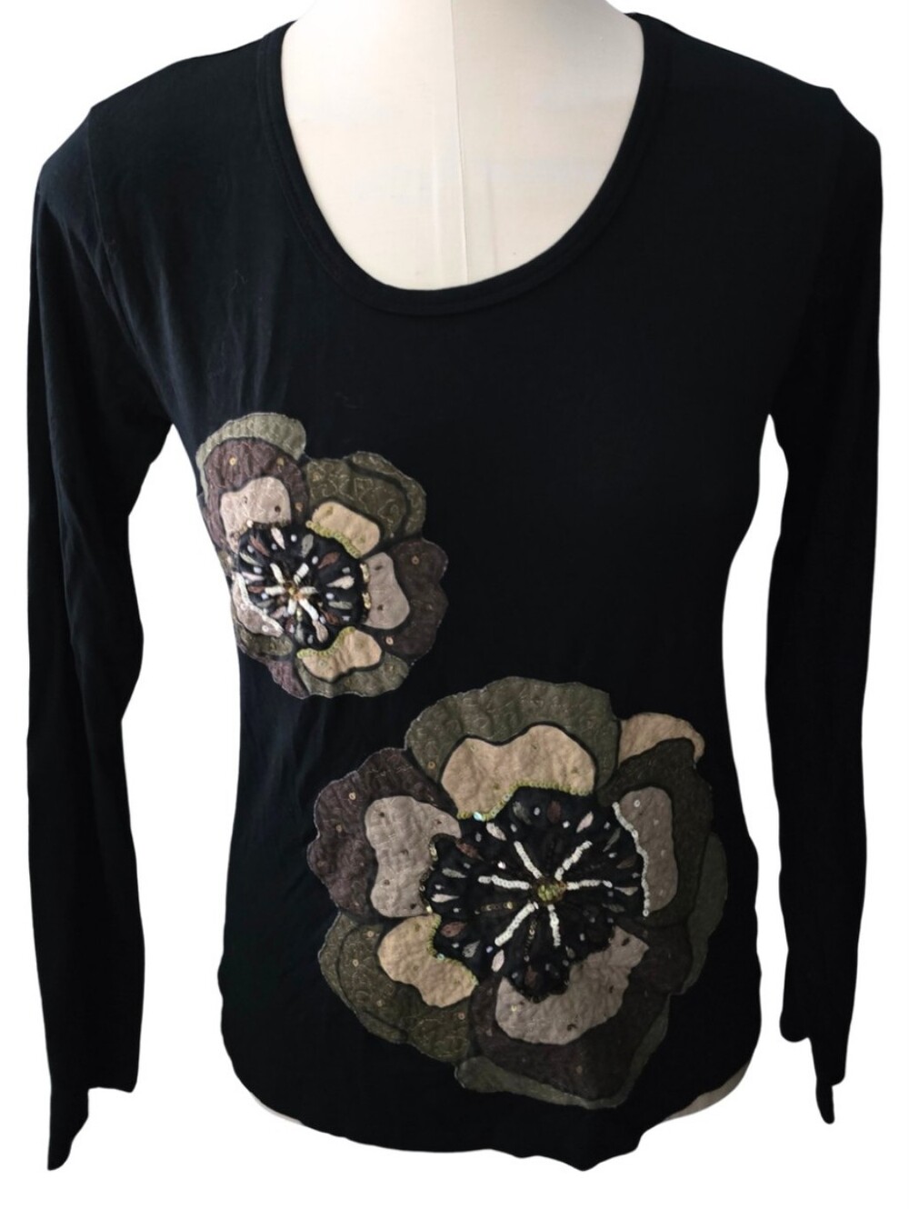 Derhy Black Floral Appliqué Beaded Long Sleeve Top Size Large Boho Artsy Cotton